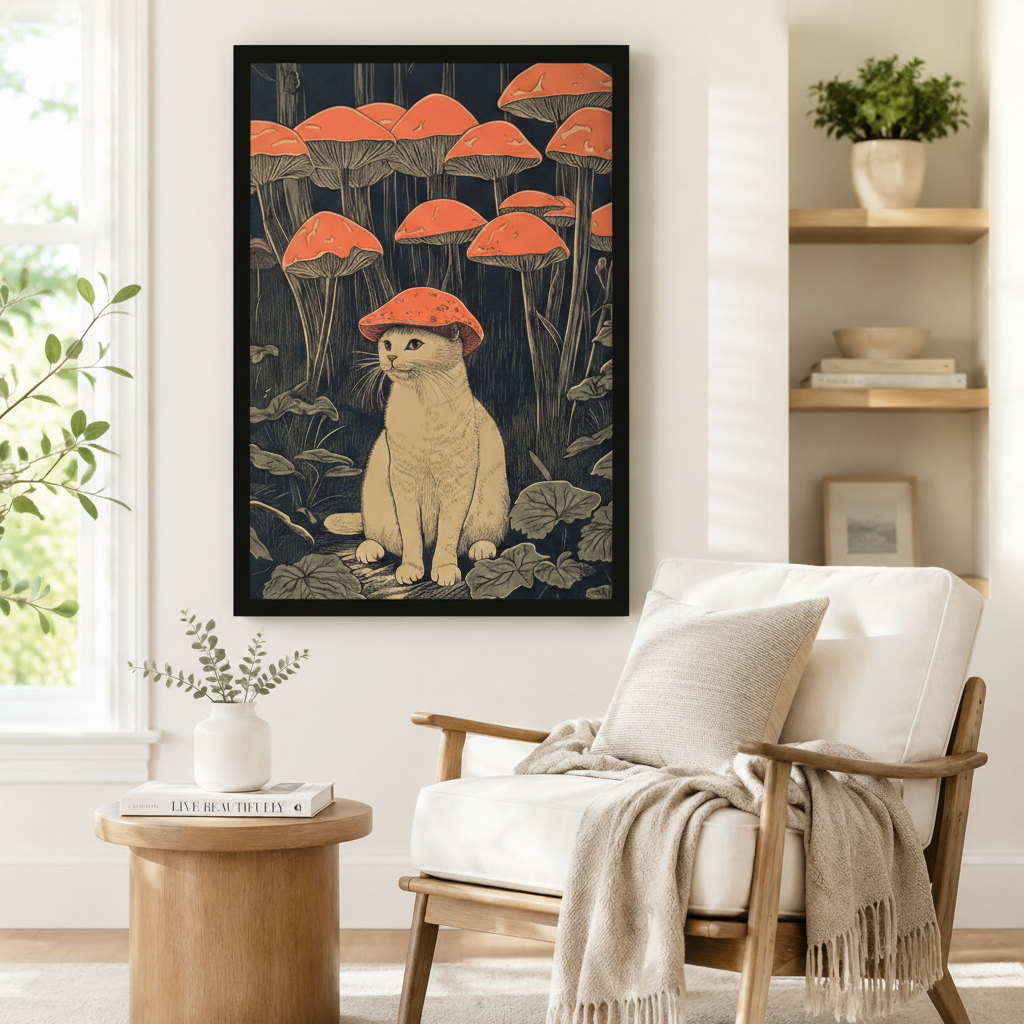 Framed Japanese-style woodblock cat mushroom wall art displayed beside a wooden armchair in a warm Scandinavian reading nook