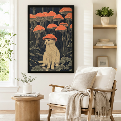 Framed Japanese-style woodblock cat mushroom wall art displayed beside a wooden armchair in a warm Scandinavian reading nook