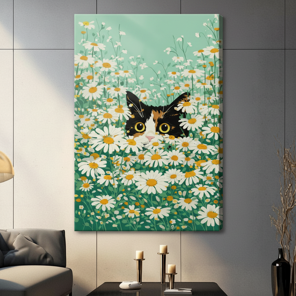 Frameless canvas print of tuxedo calico cat hiding in white daisy meadow with mint green background displayed on gray living room wall, whimsical floral cat art