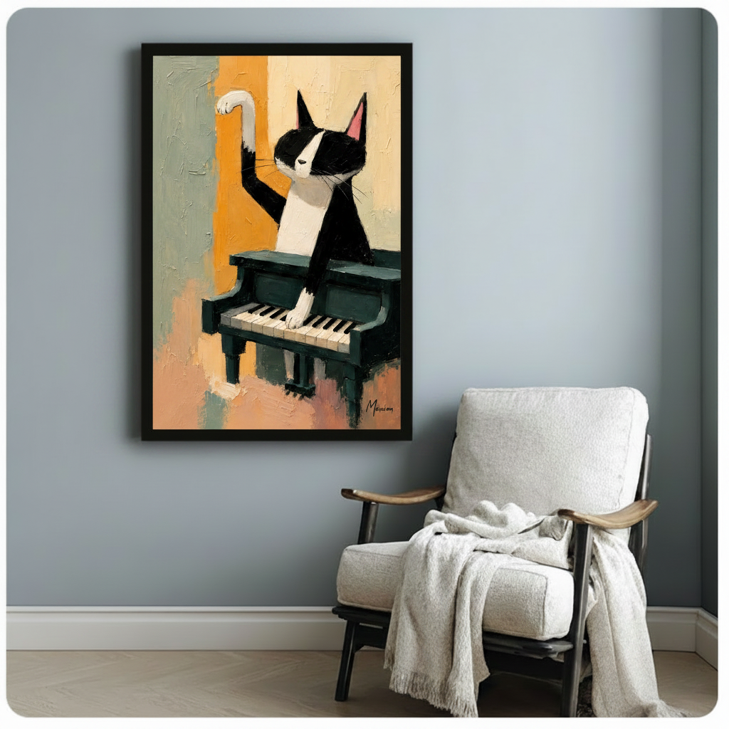 Playful tuxedo cat at grand piano canvas art in black frame with raised paw, hung on blue-grey wall beside white linen armchair in cozy modern room