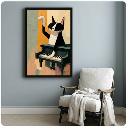 Playful tuxedo cat at grand piano canvas art in black frame with raised paw, hung on blue-grey wall beside white linen armchair in cozy modern room