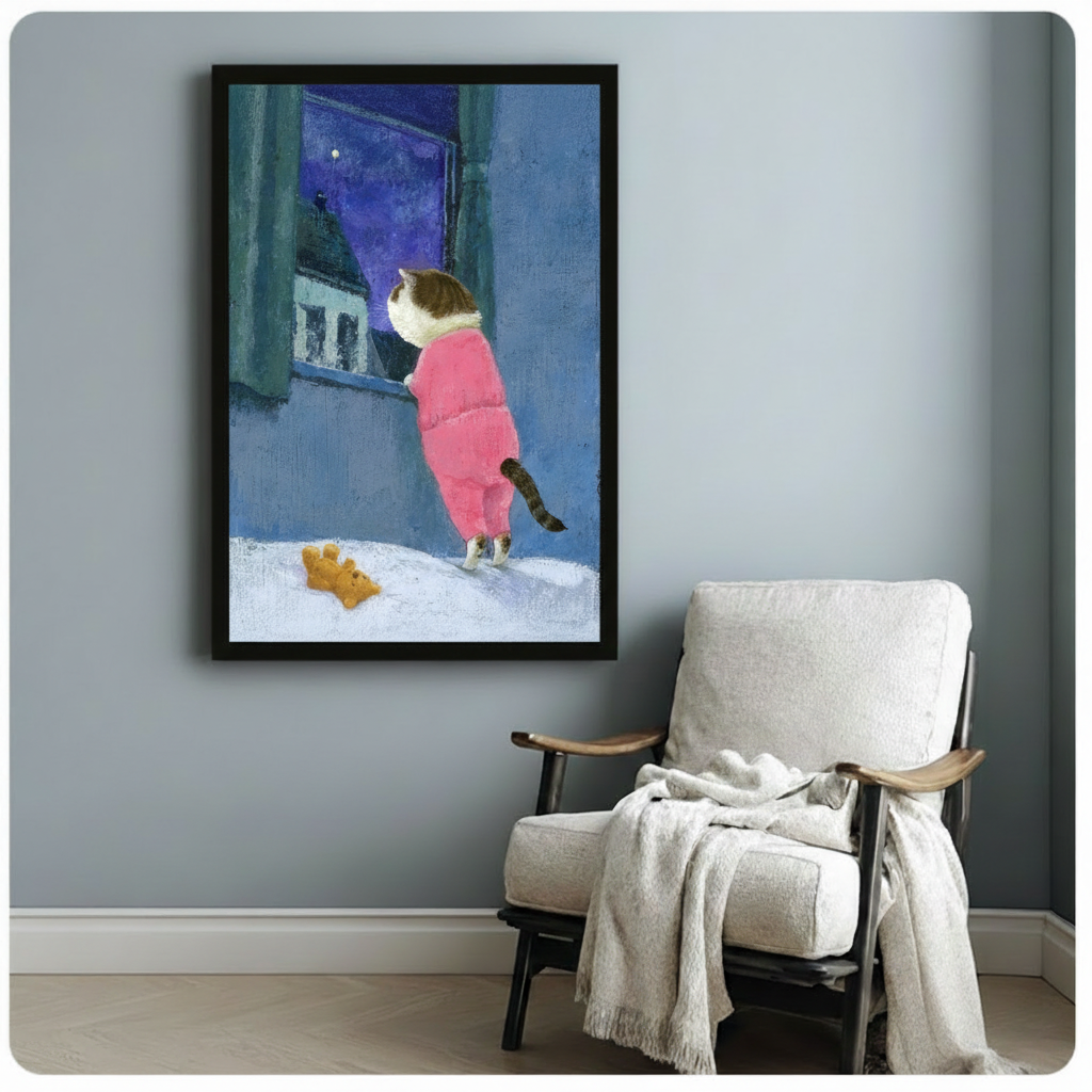Whimsical framed art print of a tabby cat in pink sleepwear peering through a winter window, hung on a blue-grey wall beside a linen armchair with a throw blanket