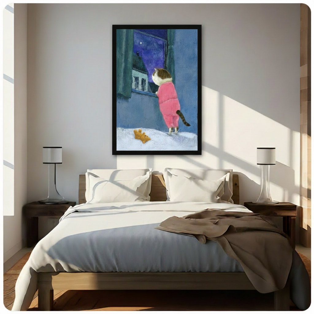 Dreamy cat in pink pajamas wall art framed print hung above a wooden bed in a sunlit minimalist bedroom with white linen bedding
