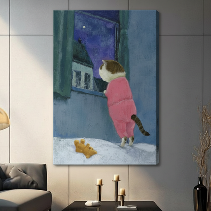 Canvas wrap wall art featuring a cute cat wearing pink pyjamas standing on a snowy windowsill looking at the night sky, hung on a charcoal grey wall