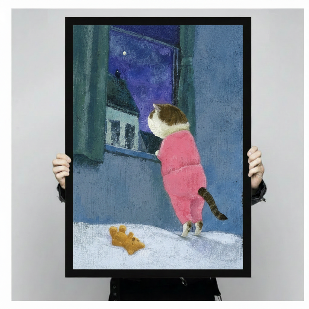 Hand-held close-up of a black framed illustration showing a chubby cat in pink pajamas on a snowy ledge gazing at a moonlit night sky with a teddy bear beside it