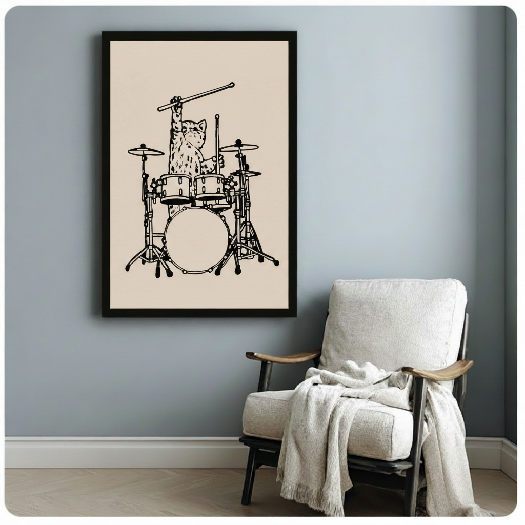 Black framed cat drummer poster print hanging on light blue-gray wall beside a cozy white armchair