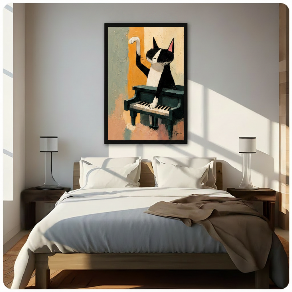 Whimsical tuxedo cat grand piano oil painting style framed canvas print above bed, bold expressive cat musician wall art adding artistic charm to bright neutral bedroom