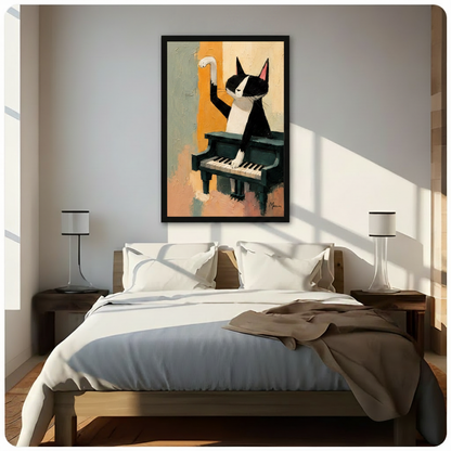 Whimsical tuxedo cat grand piano oil painting style framed canvas print above bed, bold expressive cat musician wall art adding artistic charm to bright neutral bedroom