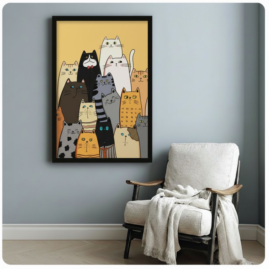 Black framed vertical poster of cute illustrated cats in warm amber tones, styled beside a linen armchair on blue-grey wall
