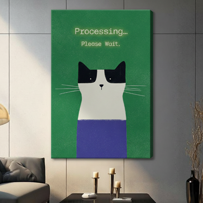 Gallery wrap stretched canvas of a flat geometric black and white tuxedo cat with a blank stare and blue-purple lower body beneath glowing Processing Please Wait typewriter text on a vivid green background hung frameless on a gray wall above a dark sofa
