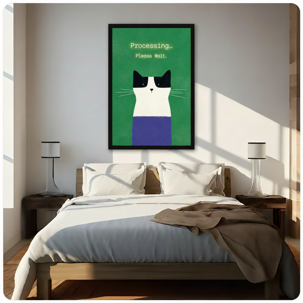 Black framed humorous minimalist tuxedo cat with Processing Please Wait typewriter text flat geometric illustration canvas wall art on bold green background hung in warm diagonal sunlight above a dark wood bed with white linen bedding and matching wood nightstands