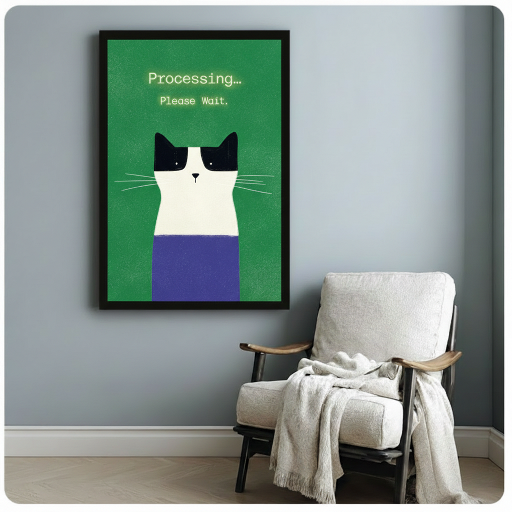 Black framed witty minimalist tuxedo cat poster with Processing Please Wait computer humor text and deadpan geometric cat illustration on bright green canvas print hung on a soft blue-gray wall beside a white linen wood armchair with a draped cream knit throw