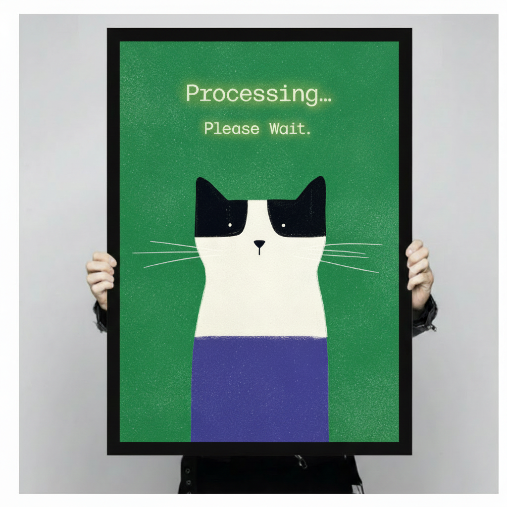 Two hands in black jacket sleeves holding a large black framed funny minimalist black and white cat with Processing Please Wait humor text modern illustration canvas art print on vivid green background, front-facing vertical product size display
