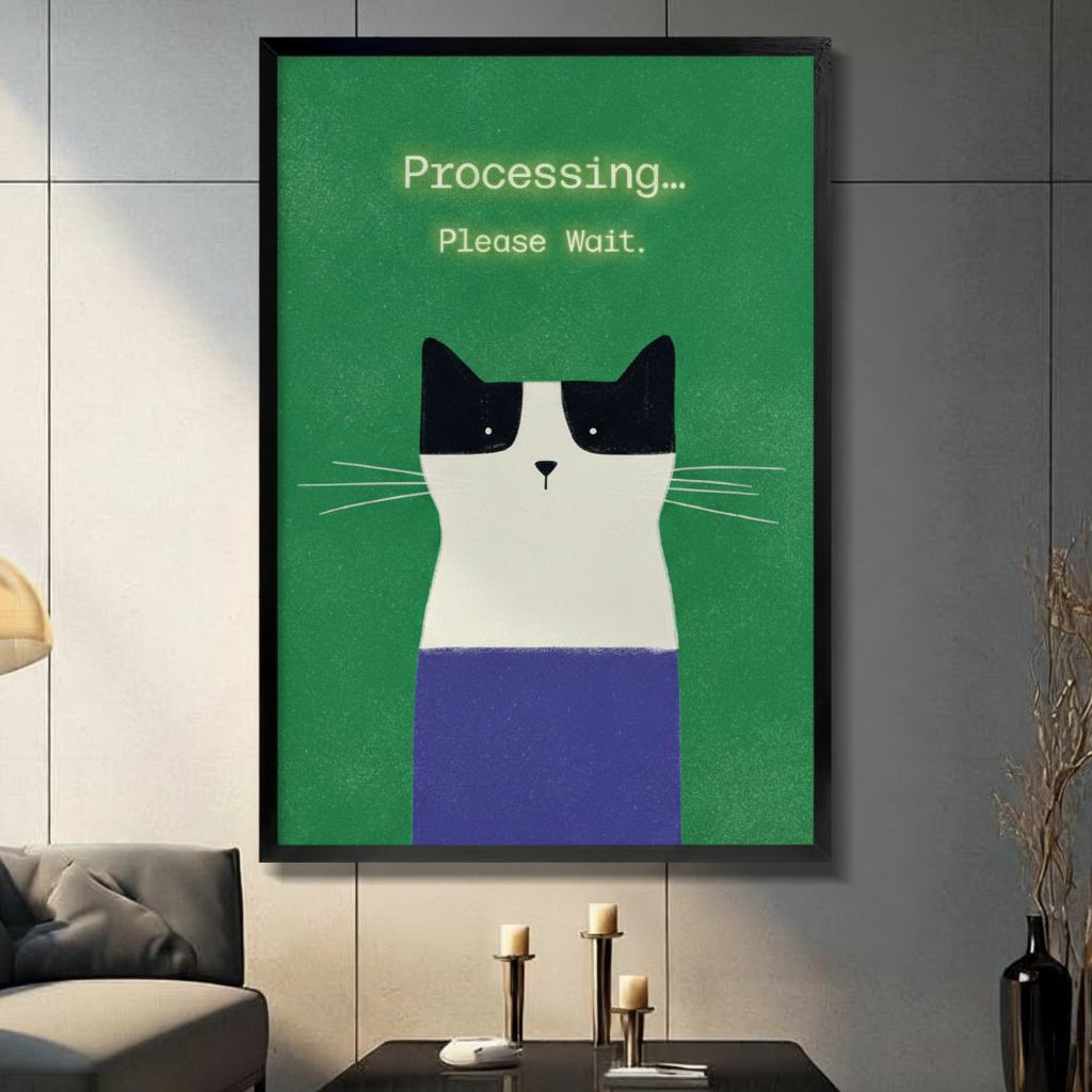 Black framed funny tuxedo cat with deadpan expression and Processing Please Wait text minimalist humor poster canvas wall art on bright green textured background displayed in a modern gray living room with dark sofa black coffee table and metal candlestick holders