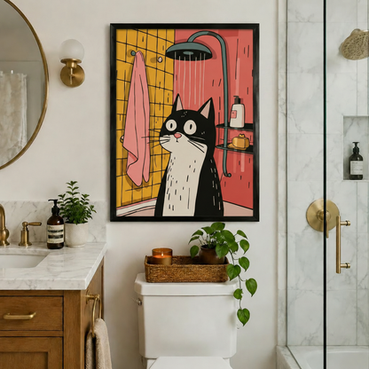 Pop art tuxedo cat shower framed print above toilet in marble luxury bathroom with gold fixtures as a witty statement piece