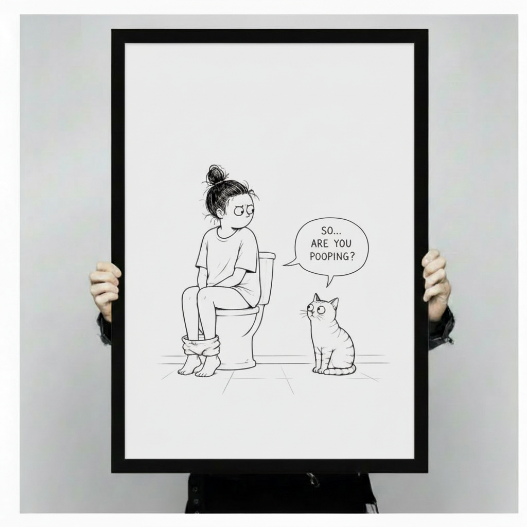 Funny cat bathroom wall art in black frame showing a girl on a toilet and a curious cat, styled in an elegant bathroom with marble countertop and gold brass fixtures