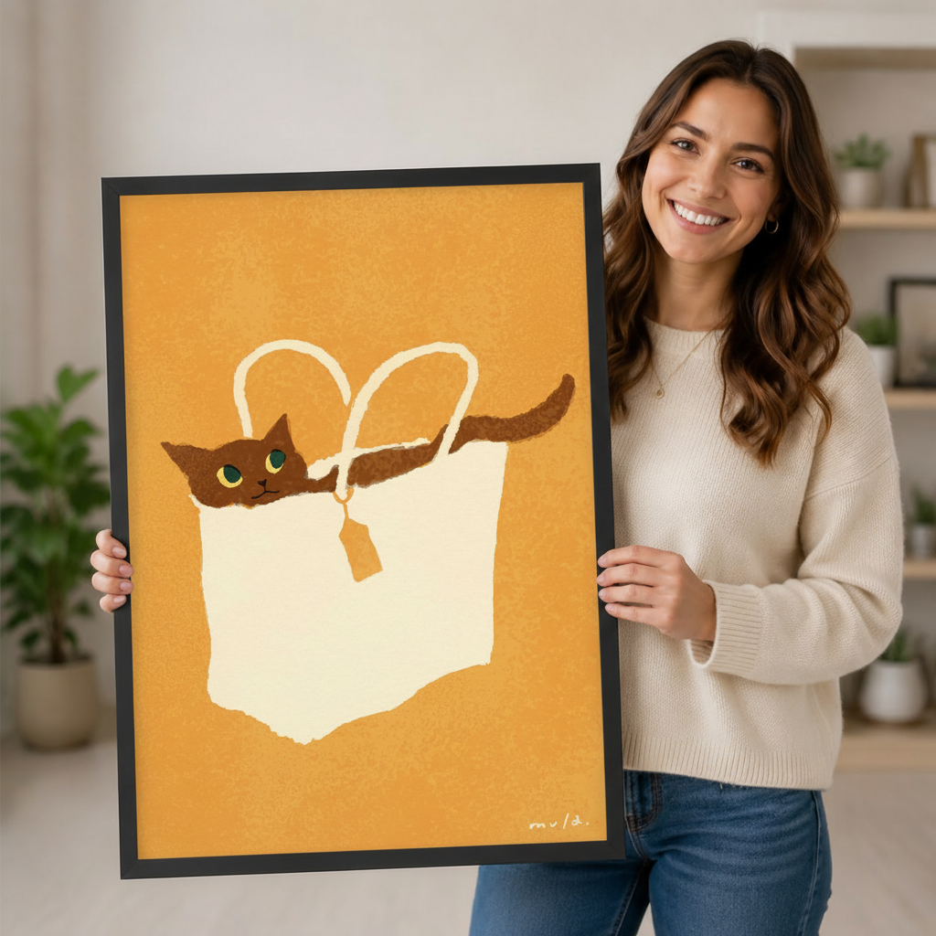 Smiling woman holding a large black-framed canvas print of a brown cat lounging in a cream tote bag on a mustard orange background, showing print size, frame quality, and minimalist cat illustration detail up close