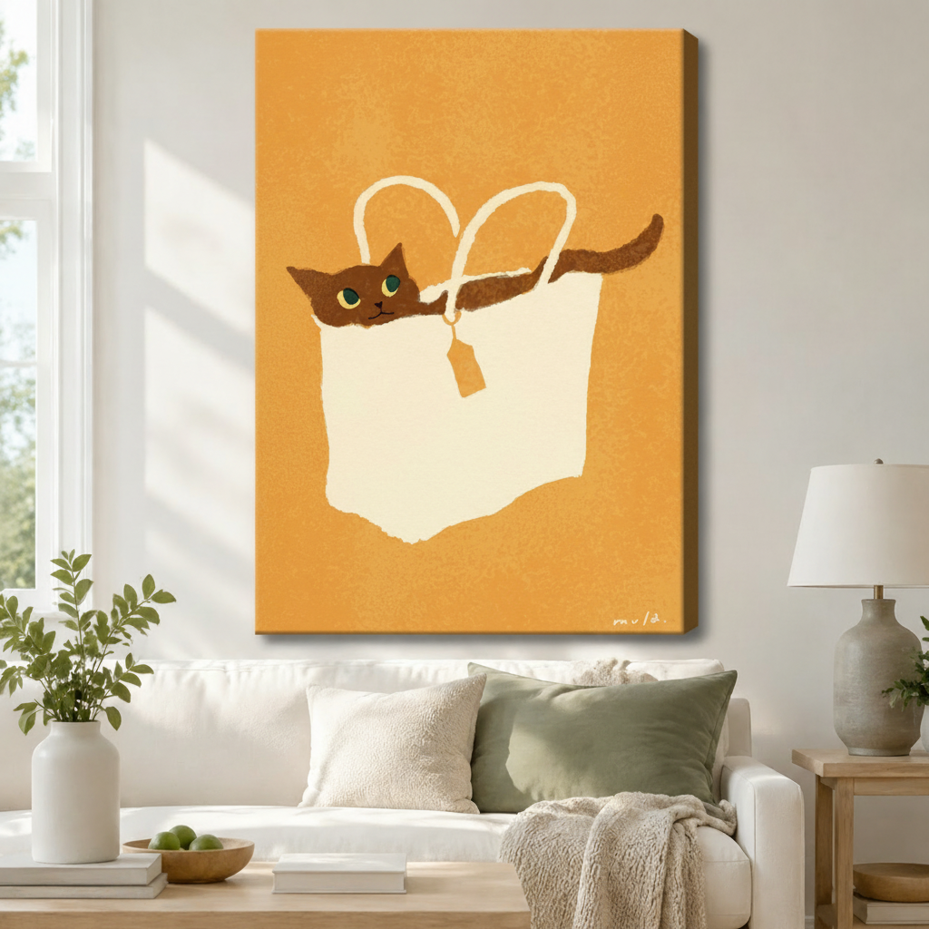 Gallery wrap canvas of a relaxed brown cat peeking out of a cream shopping bag in minimalist boho illustration style on a golden mustard background, hung above a white linen sofa in a cozy neutral living room