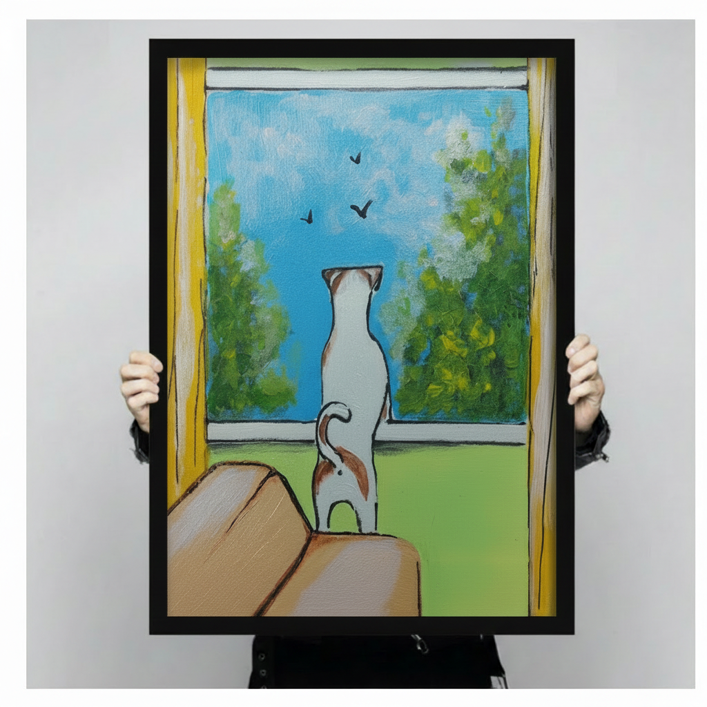 Black framed cat window wall art print – colorful whimsical cat watching birds painting – premium pet lover art print gift idea