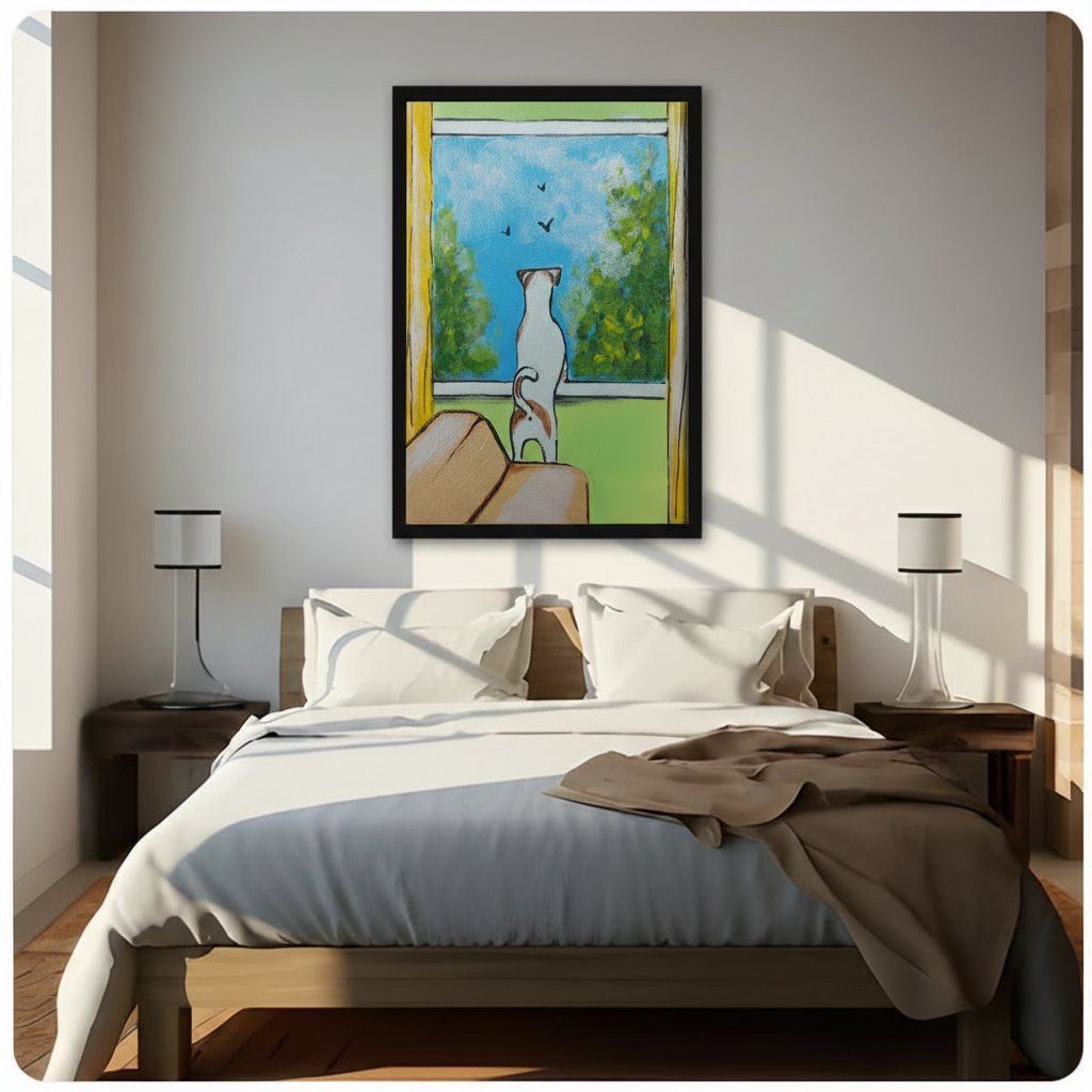 Cat watching birds framed art print displayed above bed – whimsical pet wall decor for bedroom – vibrant green and blue illustration poster