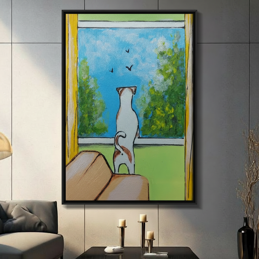 Black float-framed canvas cat window art print – whimsical cat and birds illustration – bold colorful pet wall decor for contemporary living room