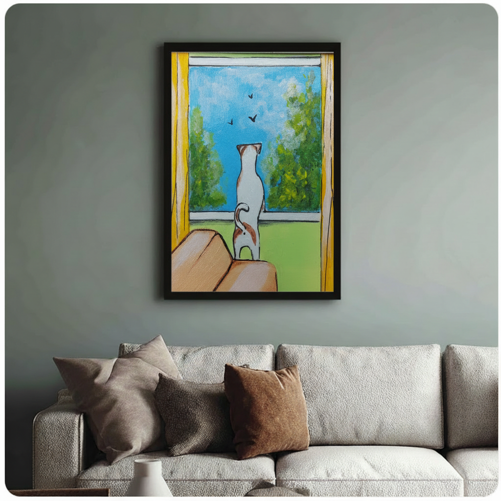 Framed whimsical cat wall art above sofa – cat gazing out yellow window at birds – colorful pet illustration print for living room decor