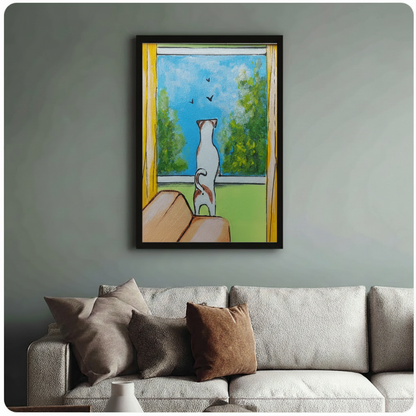 Framed whimsical cat wall art above sofa – cat gazing out yellow window at birds – colorful pet illustration print for living room decor