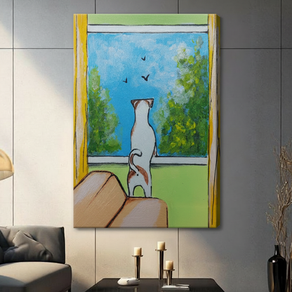 Cat watching birds canvas wall art – unframed canvas wrap print with vibrant yellow window and green garden scene – large pet art for modern home decor