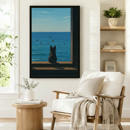 Framed canvas wall art of a black cat perched on a windowsill overlooking the blue sea with butterflies, styled beside a linen armchair in a cozy reading corner
