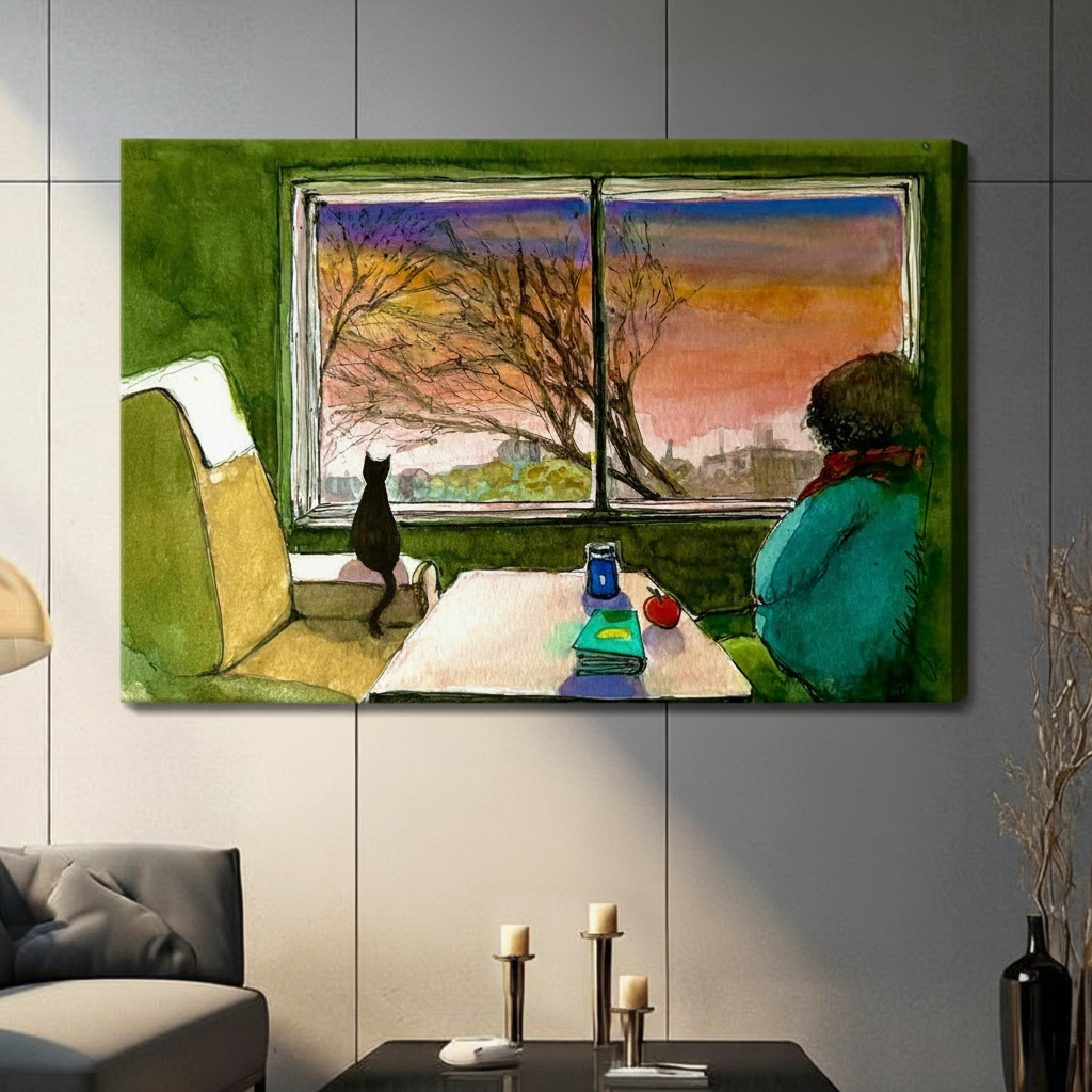 Gallery wrap stretched canvas of a black cat sitting on a windowsill beside a person in a teal sweater gazing at a vivid orange pink purple sunset sky through a white double window with bare tree silhouettes and a cozy green interior hung frameless on a gray wall