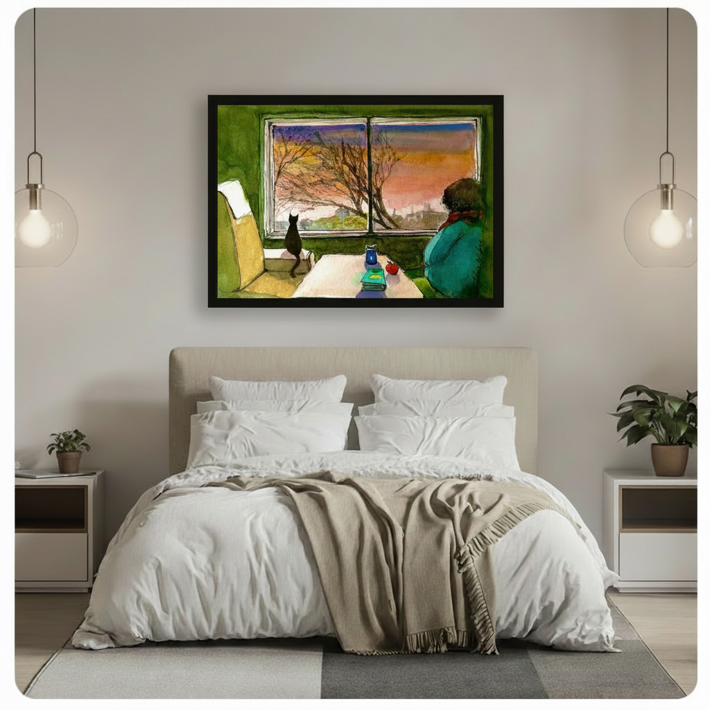 Black framed nostalgic black cat and teal sweater figure sharing a quiet sunset moment by a green room window whimsical watercolor canvas wall art with warm orange sky and bare branches hung above a beige upholstered bed with white linen in a minimalist bedroom