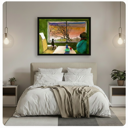 Black framed nostalgic black cat and teal sweater figure sharing a quiet sunset moment by a green room window whimsical watercolor canvas wall art with warm orange sky and bare branches hung above a beige upholstered bed with white linen in a minimalist bedroom