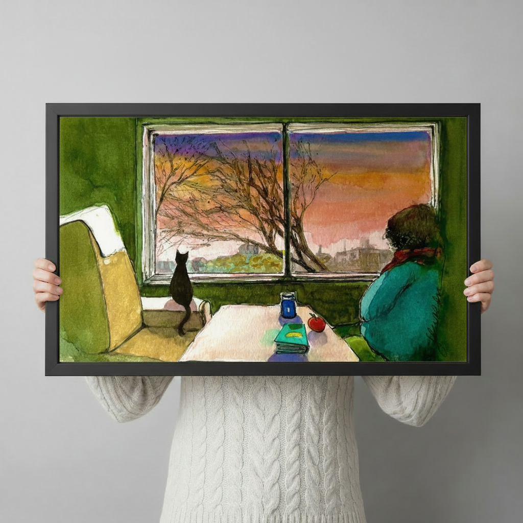 Person in white cable knit sweater holding a large black framed whimsical black cat and figure watching autumn sunset through a green room window watercolor illustration canvas art print with blue glass cup red apple and books on table, horizontal size display