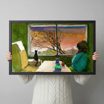 Person in white cable knit sweater holding a large black framed whimsical black cat and figure watching autumn sunset through a green room window watercolor illustration canvas art print with blue glass cup red apple and books on table, horizontal size display