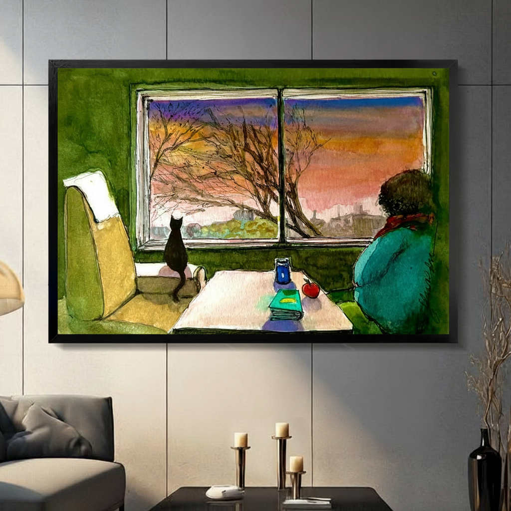 Black framed cozy black cat and person in teal sweater watching a golden sunset through a green room window whimsical watercolor canvas wall art with bare autumn trees and distant town view displayed in a modern gray living room with dark sofa and white candlesticks