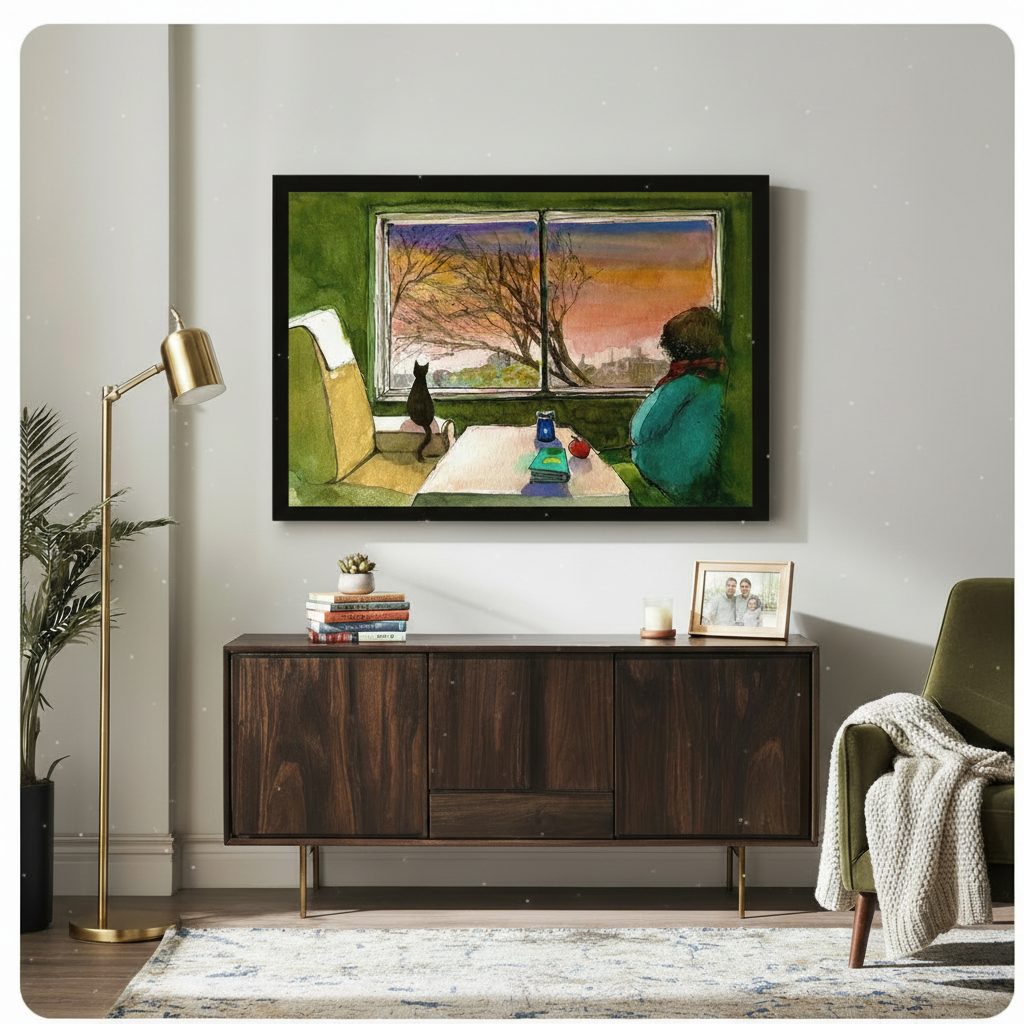 Black framed cozy black cat watching a glowing autumn sunset through a double window with a person in a teal sweater whimsical watercolor illustration canvas art hung on a light gray wall above a dark walnut sideboard with stacked books succulent and gold floor lamp