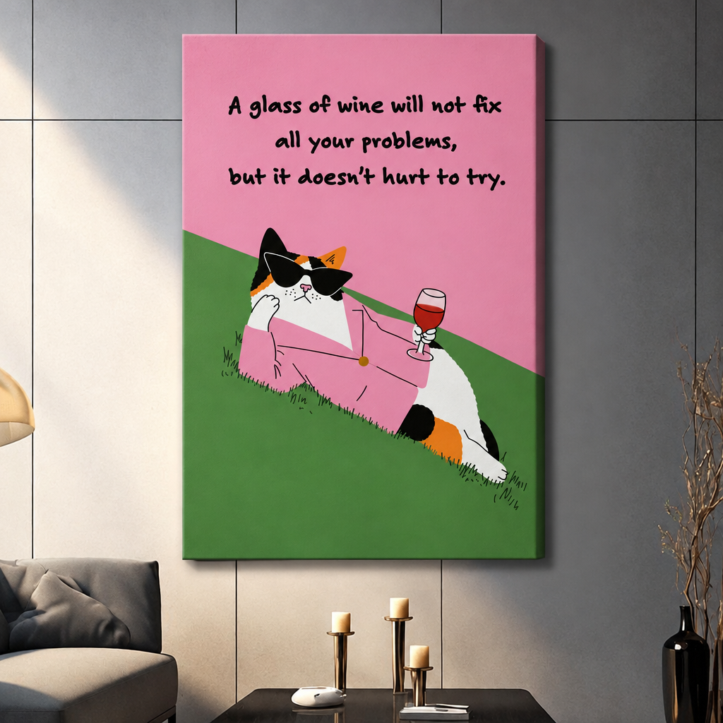 Illustration of a calico cat in a pink blazer and sunglasses reclining on grass holding a red wine glass with the caption A glass of wine will not fix all your problems but it doesn't hurt to try on a pink and green background funny cat quote wall art stretched canvas dark panel wall living room