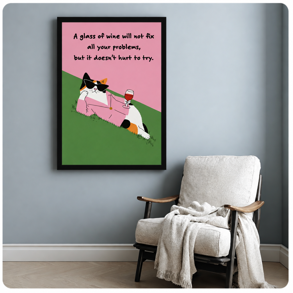 Illustration of a calico cat in a pink blazer and sunglasses reclining on grass holding a red wine glass with the caption A glass of wine will not fix all your problems but it doesn't hurt to try on a pink and green background funny cat quote wall art framed print beside armchair blue-gray wall