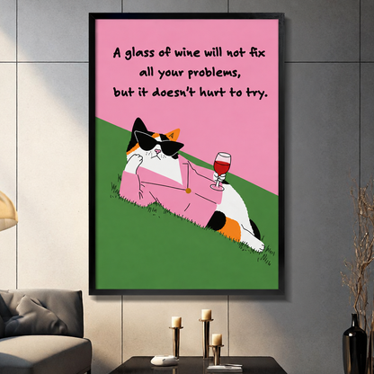 Illustration of a calico cat in a pink blazer and sunglasses reclining on grass holding a red wine glass with the caption A glass of wine will not fix all your problems but it doesn't hurt to try on a pink and green background funny cat quote wall art framed print dark panel wall living room