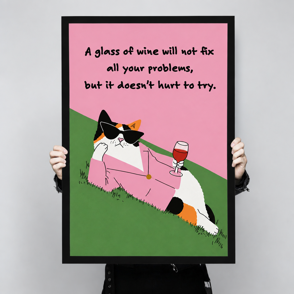 Illustration of a calico cat in a pink blazer and sunglasses reclining on grass holding a red wine glass with the caption A glass of wine will not fix all your problems but it doesn't hurt to try on a pink and green background funny cat quote wall art framed print held up