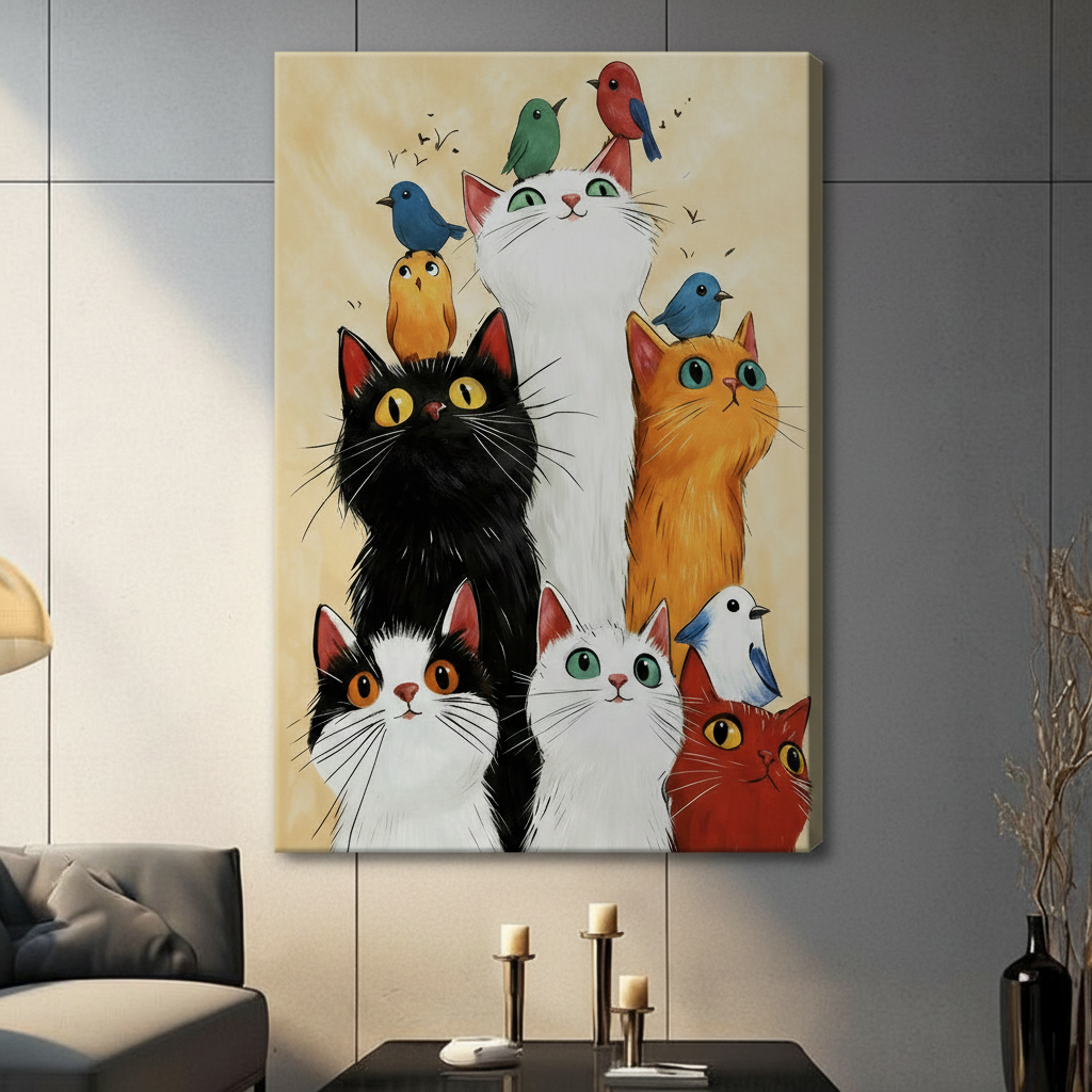 Canvas wrap funny cats and birds art print hung on grey panel wall in contemporary living room setting