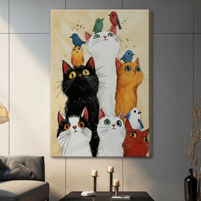 Canvas wrap funny cats and birds art print hung on grey panel wall in contemporary living room setting
