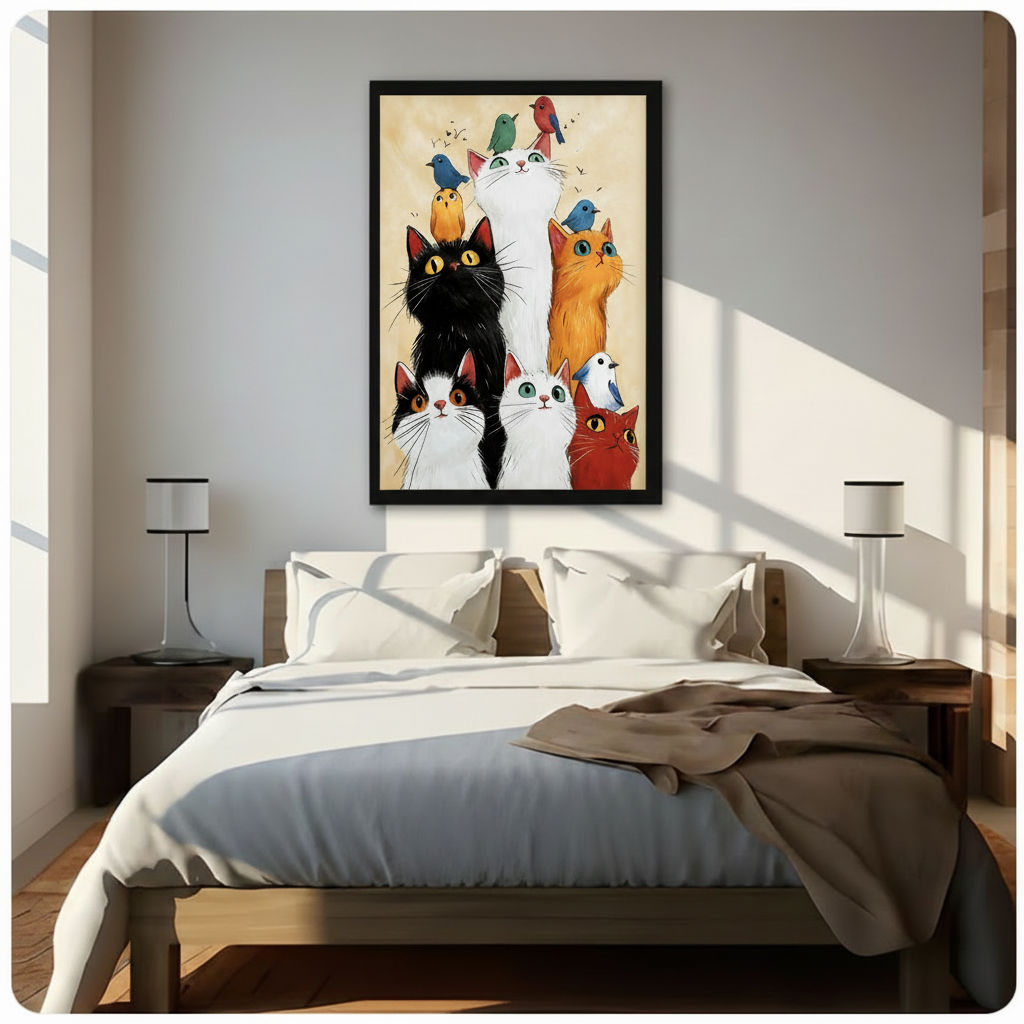 Framed funny cats and birds wall art print hung above wooden bed in sunlit minimalist bedroom