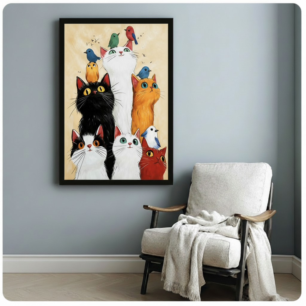 Whimsical cats and colorful birds framed art print on blue-grey wall beside white accent chair with throw blanket