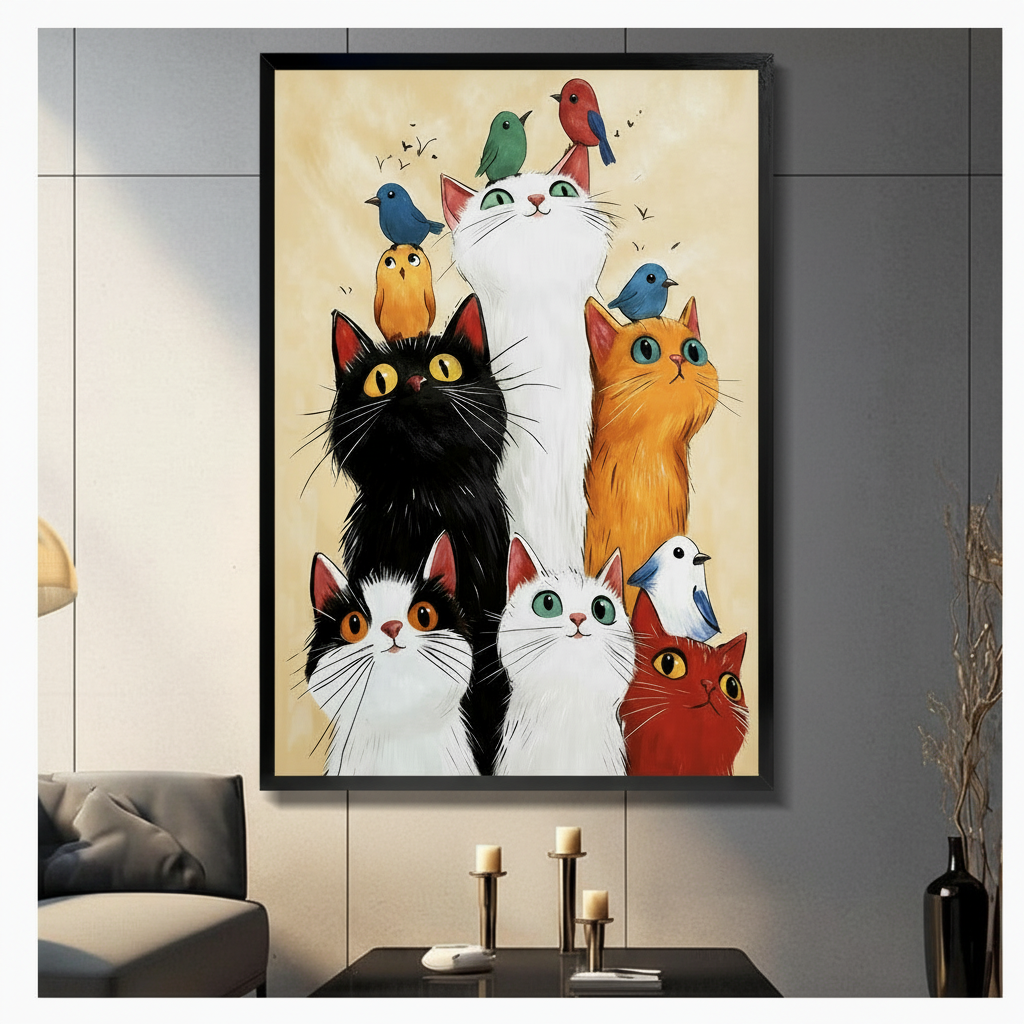 Framed whimsical cats and colorful birds wall art print displayed in dark modern living room with candlestick decor