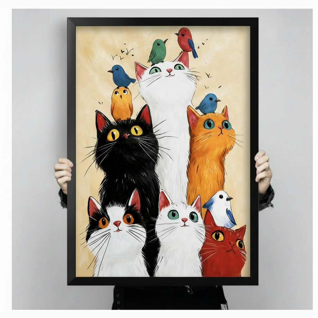 Hand-held black framed cats and birds art print showing artwork size, detail, and frame quality