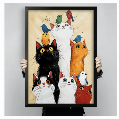 Hand-held black framed cats and birds art print showing artwork size, detail, and frame quality