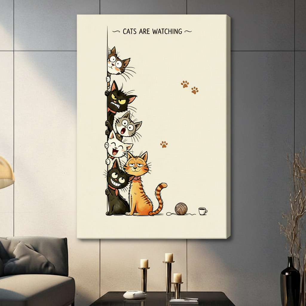 Playful cartoon illustration wall art titled cats are watching showing six quirky cats with big personalities stacked vertically peeking out from behind a left-side vertical border starting from a bug-eyed gray and white cat on top then a fierce black cat with yellow-green eyes a shocked wide-eyed gray cat a happy laughing white cat a drowsy smug orange striped tabby cat in front and a sinister grinning black cat at the very bottom three scattered brown paw prints float on the right and a ball of yarn with 