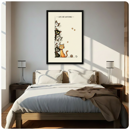 Charming humorous cartoon art print inscribed with cats are watching across the top showing six cats with vivid individual expressions stacked in a tower and peering out from behind a left side vertical dividing line from a startled gray tabby at the peak to a menacing green-eyed black cat a stunned wide-eyed gray cat a delighted open-mouth white cat a drowsy self-satisfied orange tabby sitting in front and a black cat with a toothy sinister grin at the base three brown paw print motifs scattered on the rig