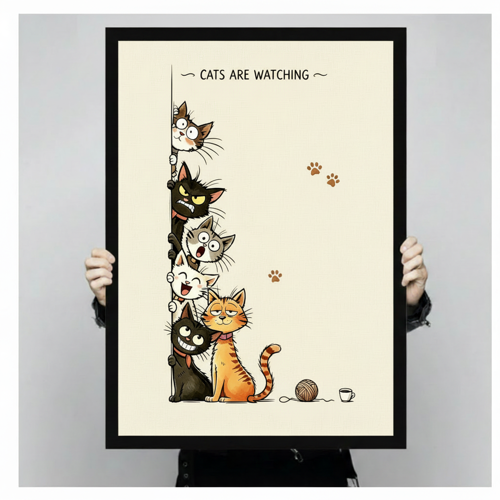 Bold funny cat cartoon art print titled cats are watching depicting six cats of different breeds and personalities stacked and peeking around the left edge of a vertical border with a startled gray tabby at the top a glowering black cat with bright eyes below a bewildered round-eyed gray cat then a gleefully laughing white cat a sleepy contented orange striped tabby cat in the foreground and a creepily smiling black cat at the bottom three brown paw prints on the right side and a yarn ball plus tiny coffee 